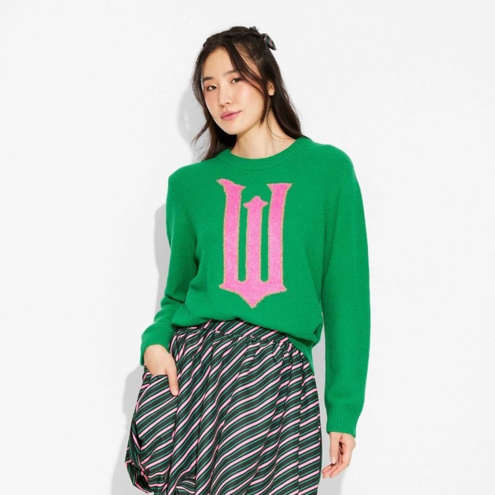Green Sweater with Pink Logo